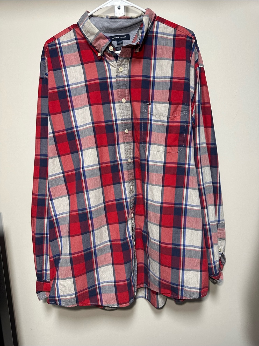 Tommy Hilfiger Classic Fit Red, Navy & White Plaid Button-Down Shirt